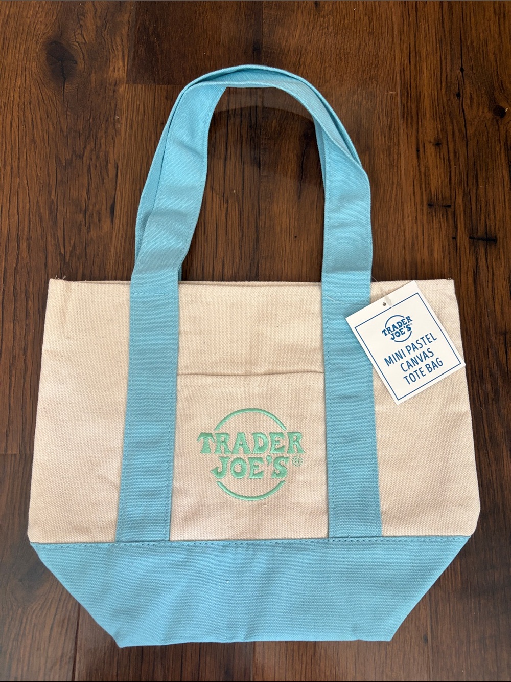 Trader Joe's Pastel mini Canvas Tote in Light Blue and Cream - Picture 1 of 1